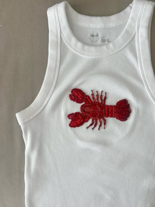 Débardeur d'été personnalisé en coton côtelé blanc fait main avec broderie de perles rouges et patch homard, sans manches, col rond - Product Image 5