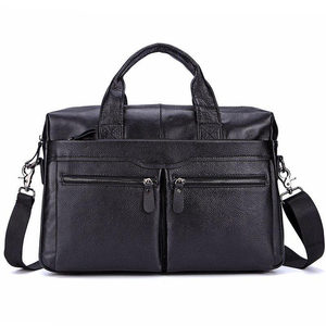 Men's Genuine <b>Leather</b> Business <b>Briefcase</b> With Adjustable Strap Classic Style Zipper Closure Black - Product Image 1