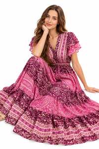 Boho V-Neck Maxi <b>Dress</b> <b>With</b> Flutter <b>Sleeves</b> Paisley Print Chiffon A-Line Loose Fit <b>Summer</b> Casual Women's <b>Dress</b> - Product Image 4