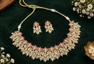 TISHYA DIAMOND Gold Plated Copper Alloy Brilliant Cut Necklace Earrings <b>Set</b> Imitation <b>Pearl</b> Red Inlay Ethnic <b>Jewelry</b> for Women - Product Image 3