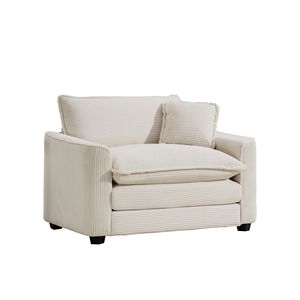 Poltrona singola in velluto a coste beige chiaro, comoda con seduta profonda e un cuscino, per soggiorno e camera da letto - Product Image 4