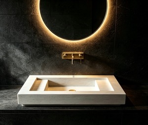 Lavabo Rectangular de Mármol para Montar en la Pared, Diseño Minimalista Pulido, Grifo Dorado, Lavabo para Baño - Product Image 1