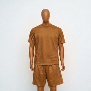 Ensemble T-shirt et short en coton éponge marron pour homme, col rond, décontracté, respirant, tricoté, couleur unie, idéal pour l'été - Product Image 1