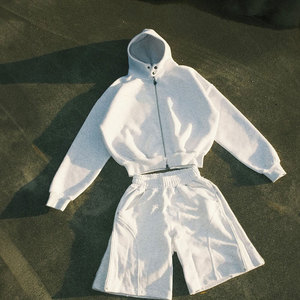 Ensemble de survêtement unisexe en coton blanc à capuche avec fermeture éclair, manches longues, coupe ample, couleur unie, respirant, pour le printemps et l'été - Product Image 1