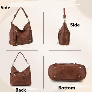 Sac hobo vintage en cuir véritable de haute qualité avec bandoulière, grande capacité, fermeture éclair, pour usage quotidien féminin, marron à rivets - Product Image 1