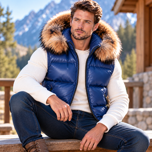 Chaleco acolchado de cuero genuino para hombre con capucha de piel de zorro |   Ropa de abrigo transpirable para otoño - Product Image 2