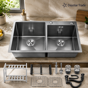 Évier de cuisine Daystar Trade fait main en acier inoxydable à cuve unique, à encastrer, surface brossée, design rectangulaire, robinet moderne - Product Image 3