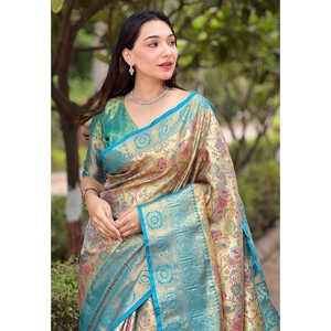 Sari de Seda Dharmavaram Original de Elite Weaves, Color Verde Mar, Tejido Tradicional con Zari, Ropa India y Pakistaní - Product Image 2