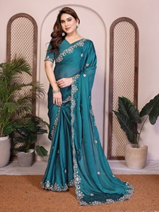 Sari de créateur haut de gamme extensible, infroissable, style moderne, avec bordure brodée florale riche |   Sari indien pour les fêtes de mariage - Product Image 1