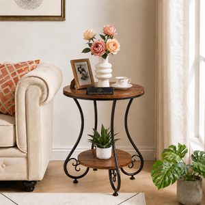 Mesa de Centro Moderna con Cubierta de Mármol Resistente y Estructura Metálica, con Estante de Almacenamiento, 16 Pulgadas de Diámetro, 20 Pulgadas de Altura, Mueble para Sala de Estar - Product Image 1