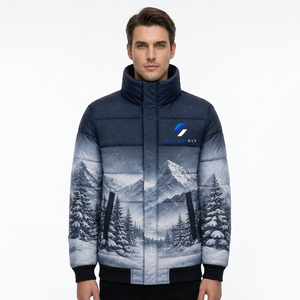 Chaqueta de Invierno para Hombre, Estampado de Montaña Nevada, Cuello Alto, Cierre de Cremallera, Resistente al Viento, Informal, Material Grueso de Poliéster - Product Image 3