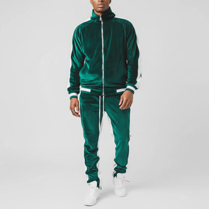 Conjunto Deportivo de Terciopelo Verde para Hombre, Personalizado OEM de Alta Calidad, Corte Regular, Chaqueta con Cordón Ajustable, Pantalones Deportivos con Paneles Laterales Estampados, 100% - Product Image 3