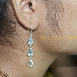 Boucles d'oreilles pendantes en argent sterling 925 avec topaze bleue en forme de poire, faites à la main, bijoux pour femmes, cadeau pour maman, petite amie - Product Image 2