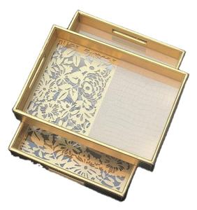 Plateau de service en métal doré au Design moderne, avec poignées dorées, plateau de service pour la décoration d'événements de fête - Product Image 1