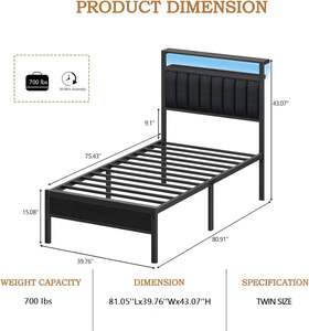 Lit intelligent avec cadre métallique noir/blanc, taille double, mobilier de maison, pliable, moderne, rembourré en lin, 18 kg/20,5 kg, OEM/ODM - Product Image 2