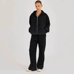 Survêtements pour femmes avec logo personnalisé, sweat à capuche surdimensionné avec strass et pantalon de jogging à jambes larges, respirants, style streetwear - Product Image 1