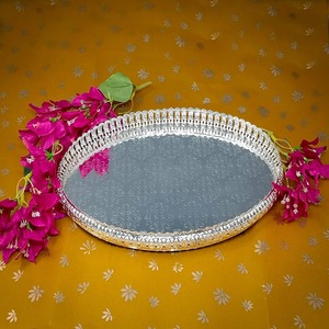 Luxury Round <b>Silver</b> Iron Mirror Serving Tray Handmade Decorative Vanity Tray <b>Coffee</b> <b>Table</b> Ottoman Display Tray Wedding Occasion - Product Image 1