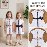Robe élégante pour filles Jiefute, nouvelle collection été, style preppy, ceinture contrastée à carreaux avec nœud, vêtements formels pour l'école, boutique pour enfants
