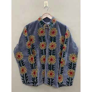Veste en velours brodée à la main pour femmes, col mandarin, manches longues, automne, motif floral bohème, manteau ouvert sur le devant - Product Image 1