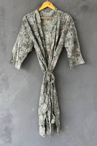 Bata Kimono Larga de Algodón con Estampado Floral y Cuello en V, Bata de Baño de Manga Larga de Corte Holgado, Ropa de Estar Ligera, Transpirable y Suave - Product Image 5