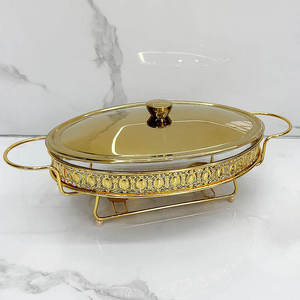 Luxury Round Stainless Steel Chafing Dish <b>Buffet</b> Food Warmer Gold Finish Ornate Pillar Stand Glass Lid Wedding Catering <b>Server</b> - Product Image 1