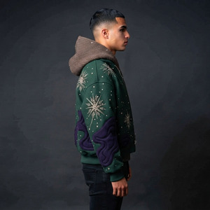 Fabricants de sweats à capuche personnalisés en coton épais délavé au soleil, style streetwear vintage, coupe oversize et carrée, avec fermeture éclair et strass - Product Image 2