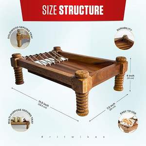 Teak Wood Charpai Platter | Traditional Handcrafted Serving <b>Tray</b> for <b>Snacks</b> & Beverages | Rustic Kitchen & Dining Decor - Product Image 2
