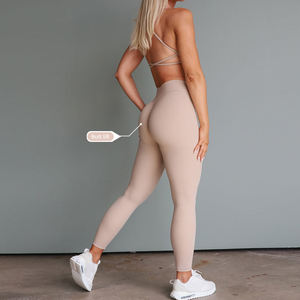 Ensemble de yoga sans couture pour femmes, taille haute, col en V profond, bretelles croisées, longueur intégrale, couleur unie, spandex polyester, 2 pièces - Product Image 2