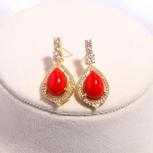 Classic Gold Plated Coral Necklace and <b>Earring</b> Set Water Drop Shape Women's Wedding Jewelry Alloy Bezel Setting - Product Image 2