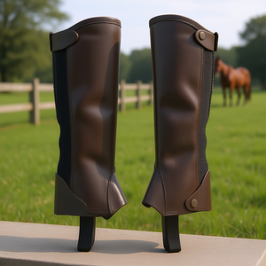 Custom Logo Unisex Horse Riding <b>Half</b> <b>Chaps</b> Synthetic Leather Zipper Closure Mid Rise Flexible Durable Equestrian Wear - Product Image 3