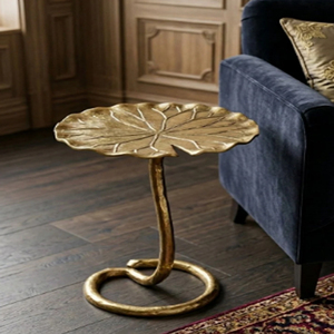 Traditional Brass <b>Round</b> <b>Side</b> <b>Table</b> with Decorative Column Base Gingko Leaf Drink <b>Table</b> - Product Image 2