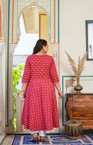 Women's Plus Size Rayon Anarkali Kurti <b>Red</b> Floral Printed Round Neck Comfortable Daily Wear <b>Flared</b> Fit Design Style - Product Image 4