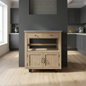 Meuble de rangement roulant style ferme en bois clair avec plateau en marbre, 2 tiroirs, portes Shaker et étagère ouverte - Product Image 1