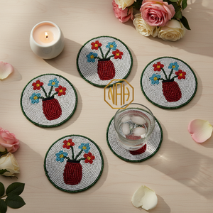 Festive Glow Eco-Friendly Handcrafted <b>Beaded</b> Tea <b>Coaster</b> Candle Design 100mm Diameter Pink Black Accent for Elegant Table Decor - Product Image 4