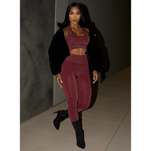 Ensemble 2 pièces de leggings froncés taille haute et soutien-gorge pour femme, couleur unie, effet délavé, pour entraînement et yoga, prix usine personnalisé, OEM Plum - Product Image 4