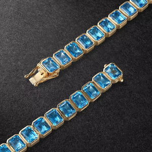 Blue Topaz Emerald Cut Tennis <b>Necklace</b> 925 Sterling Silver 14K Gold Plated Octagon Gemstone Jewelry Elegant - Product Image 1