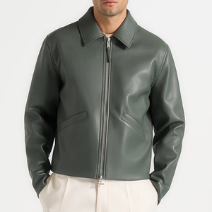 Men's Green PU Leather <b>Bomber</b> <b>Jacket</b> Turn-Down Collar Zipper Closure Casual Style Autumn Wear - Product Image 1