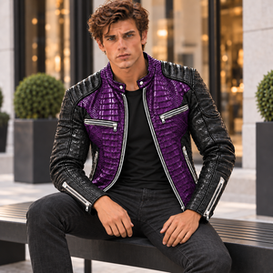 Veste de motard en cuir gaufré violet et noir respirante pour homme, doublure en soie, style streetwear hiver, personnalisable OEM, vente en gros - Product Image 6