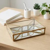Boîte à bijoux rectangulaire moderne en verre et laiton Artisan Design B72 avec couvercle miroir, idéale pour le voyage, le rangement et les séparateurs décoratifs