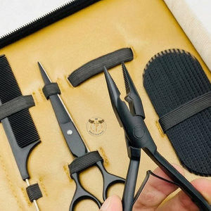 Professional Black Hair Extension Tools Kit – Loop Needle Threader <b>Hook</b> Pliers & <b>Clips</b> Set for Micro Ring Extensions Salon use - Product Image 2