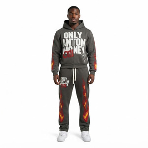 Custom Logo Unisex Flame Graphic Tracksuit 2 Piece Full Zip Hoodie Straight Leg Sweatpants Private Label Manufacturer - Product Image 3