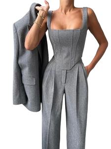 Elegant Solid Blazer Coats <b>Pants</b> 3 Pieces Sets <b>Women</b> Long Sleeve Belt Coat Fishbone Top High Waist Wide Trousers Lady Suits - Product Image 4