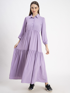 Lavender <b>Long</b> Sleeve Maxi <b>Dress</b> With Polo Neck Elastic Waist Loose Fit Layered Hem Casual Daily Wear 100% Cotton Woven Fabric - Product Image 4