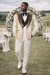 Chaqueta de esmoquin para hombre con adornos dorados color marfil – Blazer de diseñador con pedrería y solapa tipo chal negra - Product Image 1