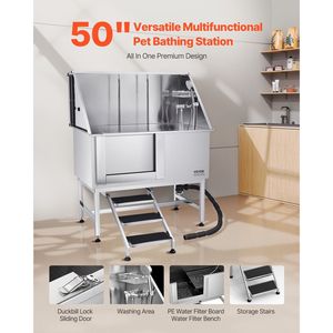 Vasca per toelettatura cani in acciaio inossidabile da 50 pollici con scaletta, pannello filtro acqua in PE, rubinetto, soffione doccia e sapone per la pulizia e il bagno degli animali domestici - Product Image 2