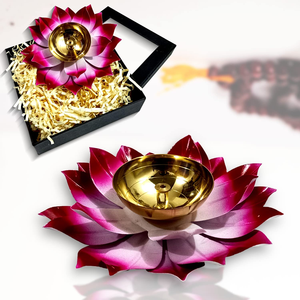 Grand Diya en laiton en forme de lotus de 6 pouces, design à pétales roses, lampe à huile à mèche centrale, décoratif, Deepak en laiton, décoration d'intérieur - Product Image 3