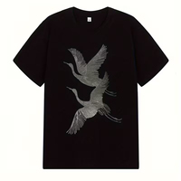 T-shirt en coton noir pour homme, motif grue volante vintage, strass thermocollés, coupe oversize, style streetwear