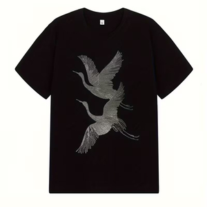 T-shirt en coton noir pour homme, motif grue volante vintage, strass thermocollés, coupe oversize, style streetwear - Product Image 1