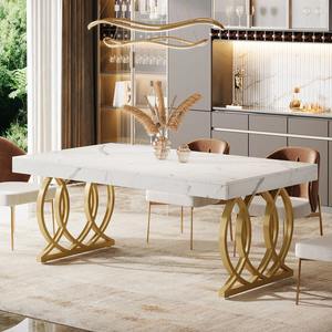 Mesa de Comedor Moderna de Lujo con Tapa de Imitación Mármol y Patas Metálicas Resistentes, Rectangular, Blanco Dorado, Estilo Contemporáneo para Hotel - Product Image 2
