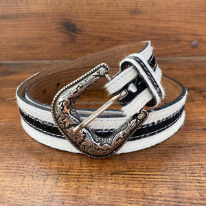 Cinturón occidental de piel de vaca hecho a mano de diseñador personalizado para hombre con hebilla adornada de pelo natural en cinturón de vaquero de cuero genuino - Product Image 2